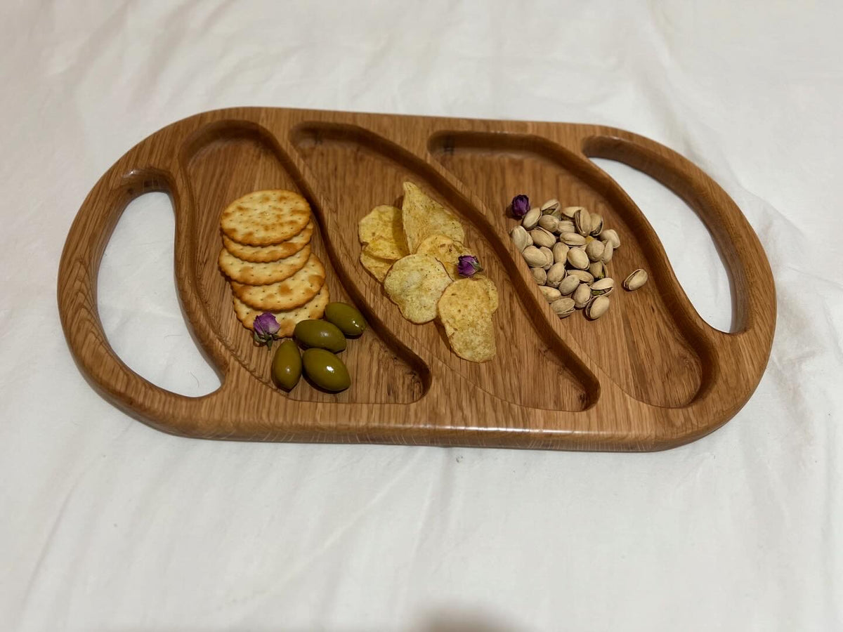 Hand-made Oak wood serving snack tray with dividers and handles