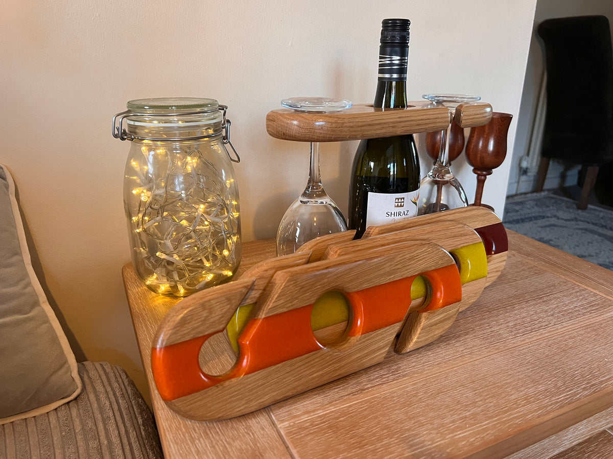 Handcrafted Oak Wine and Glass Holder with Resin Accents