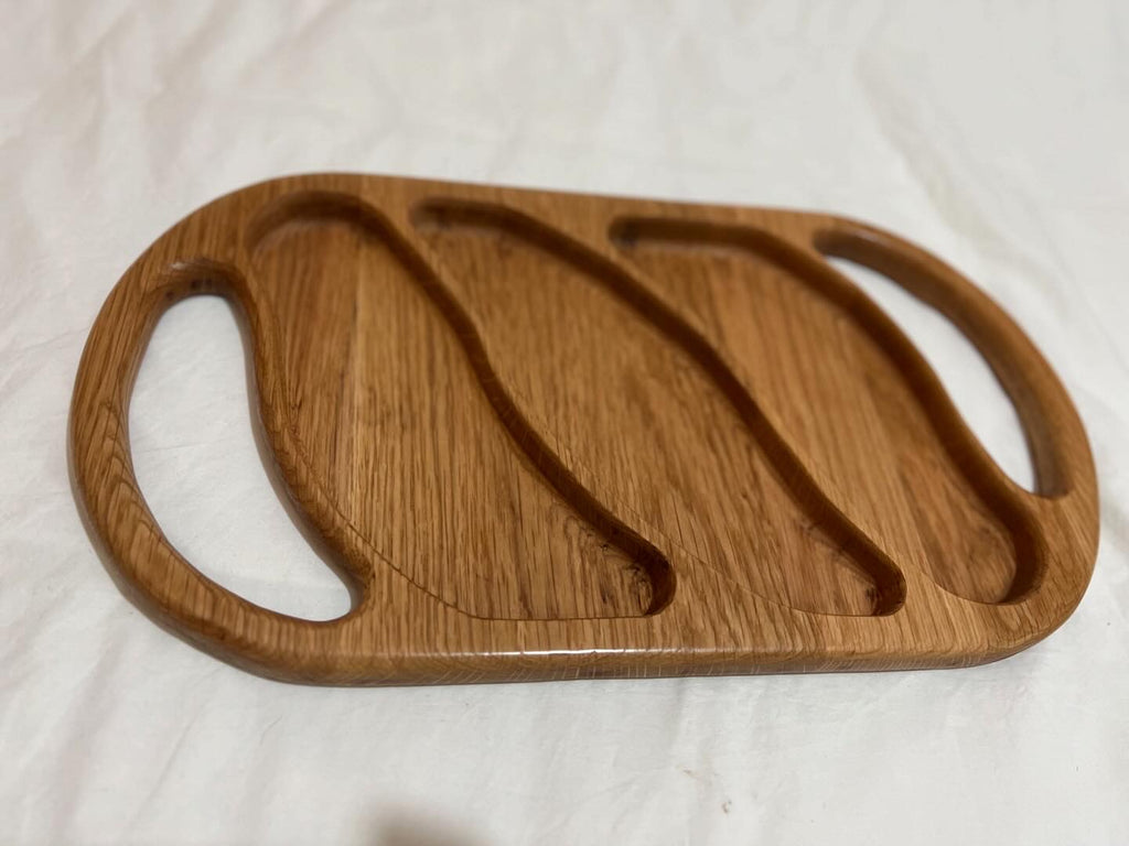 Hand-made Oak wood serving snack tray with dividers and handles