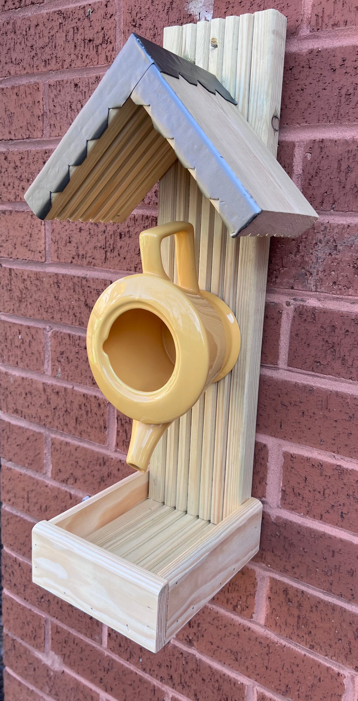 Handmade Teapot Bird Feeder, Rustic Wooden Garden Wall Art, Outdoor Decor