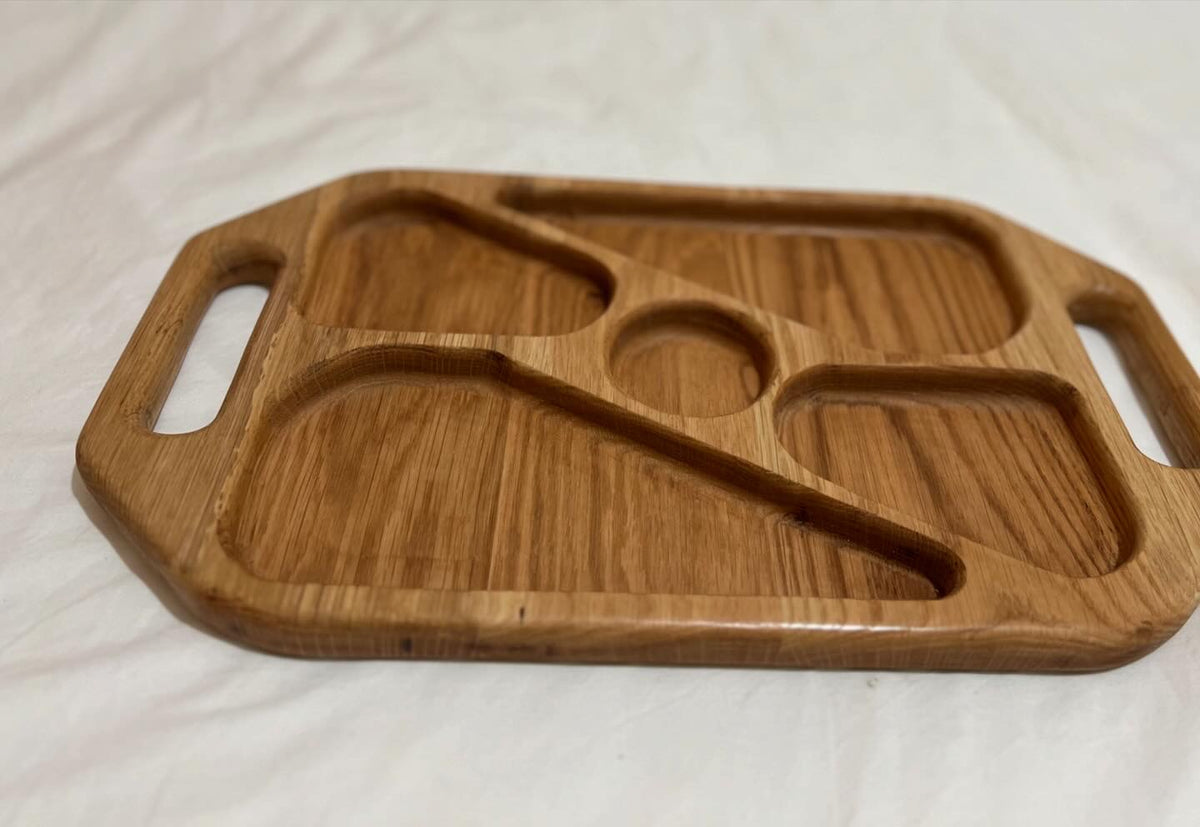 Hand-made Oak wood serving snack tray with dividers and handles