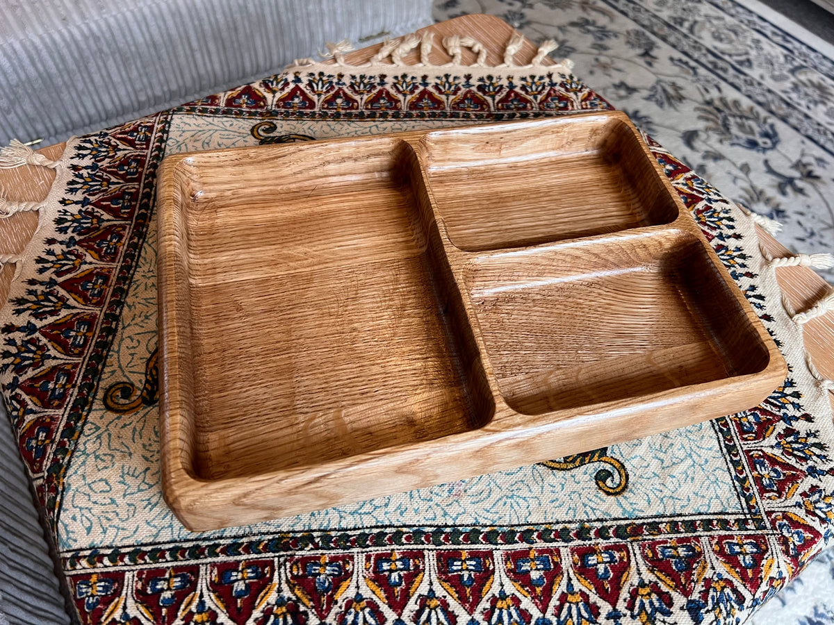 Handcrafted and Oak Snack Serving trays with 2,3 or 4 Dividers