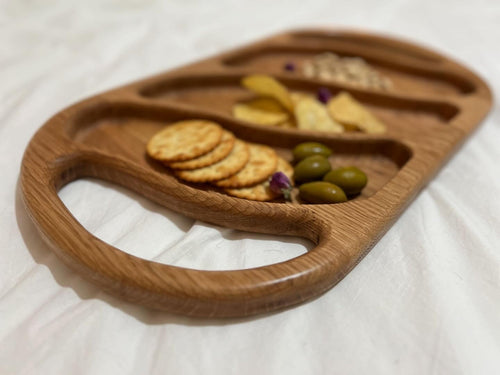 Hand-made Oak wood serving snack tray with dividers and handles