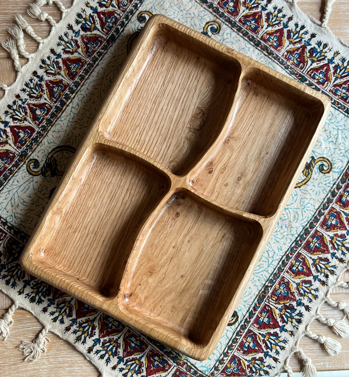 Handcrafted and Oak Snack Serving trays with 2,3 or 4 Dividers