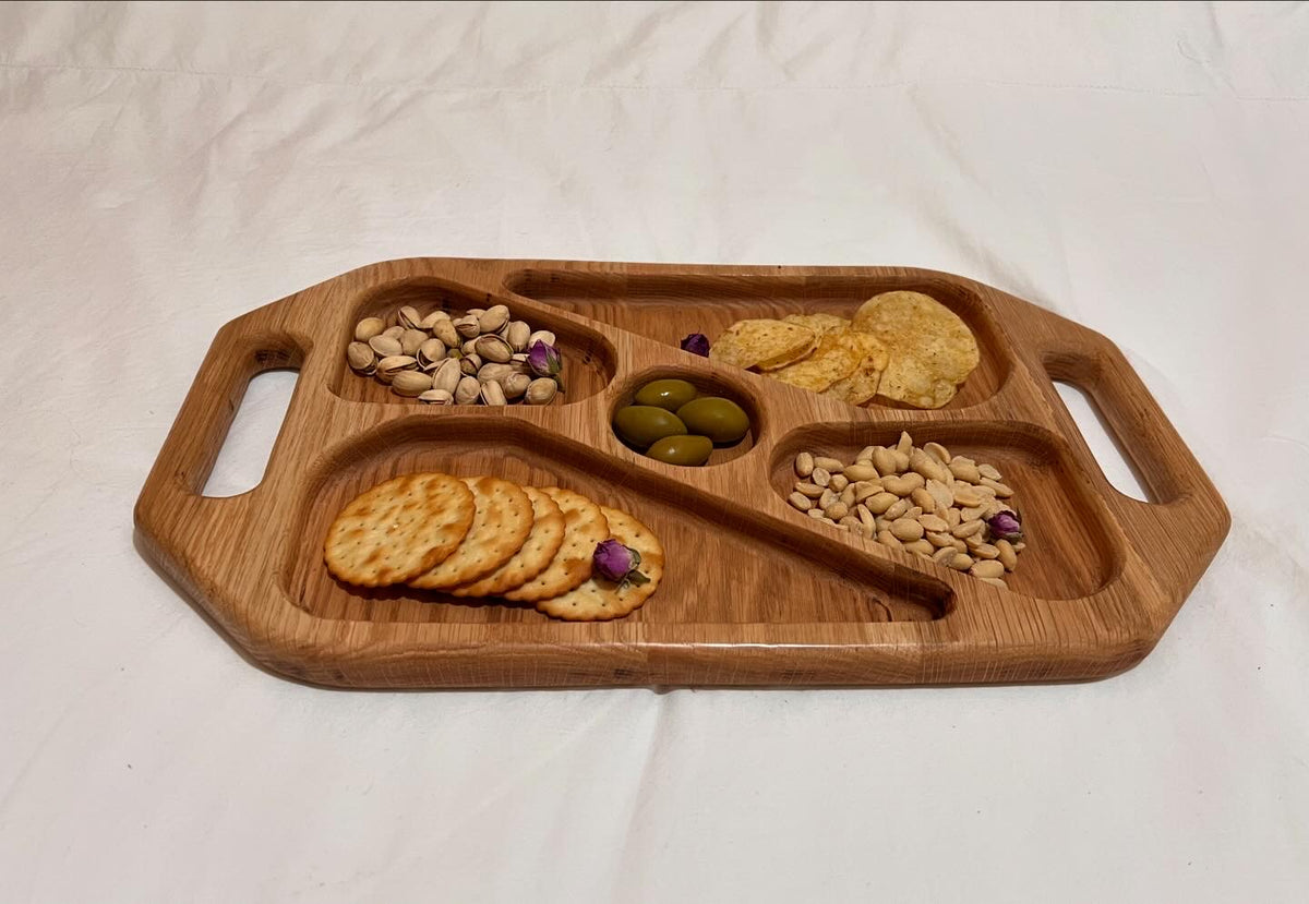 Hand-made Oak wood serving snack tray with dividers and handles