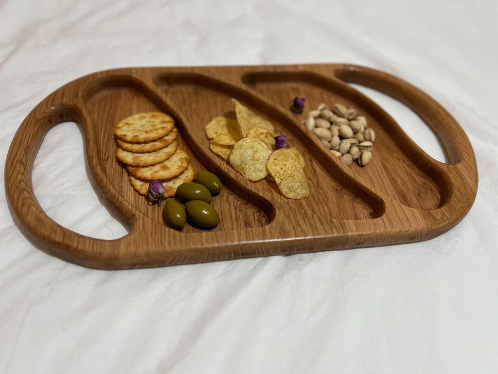 Hand-made Oak wood serving snack tray with dividers and handles