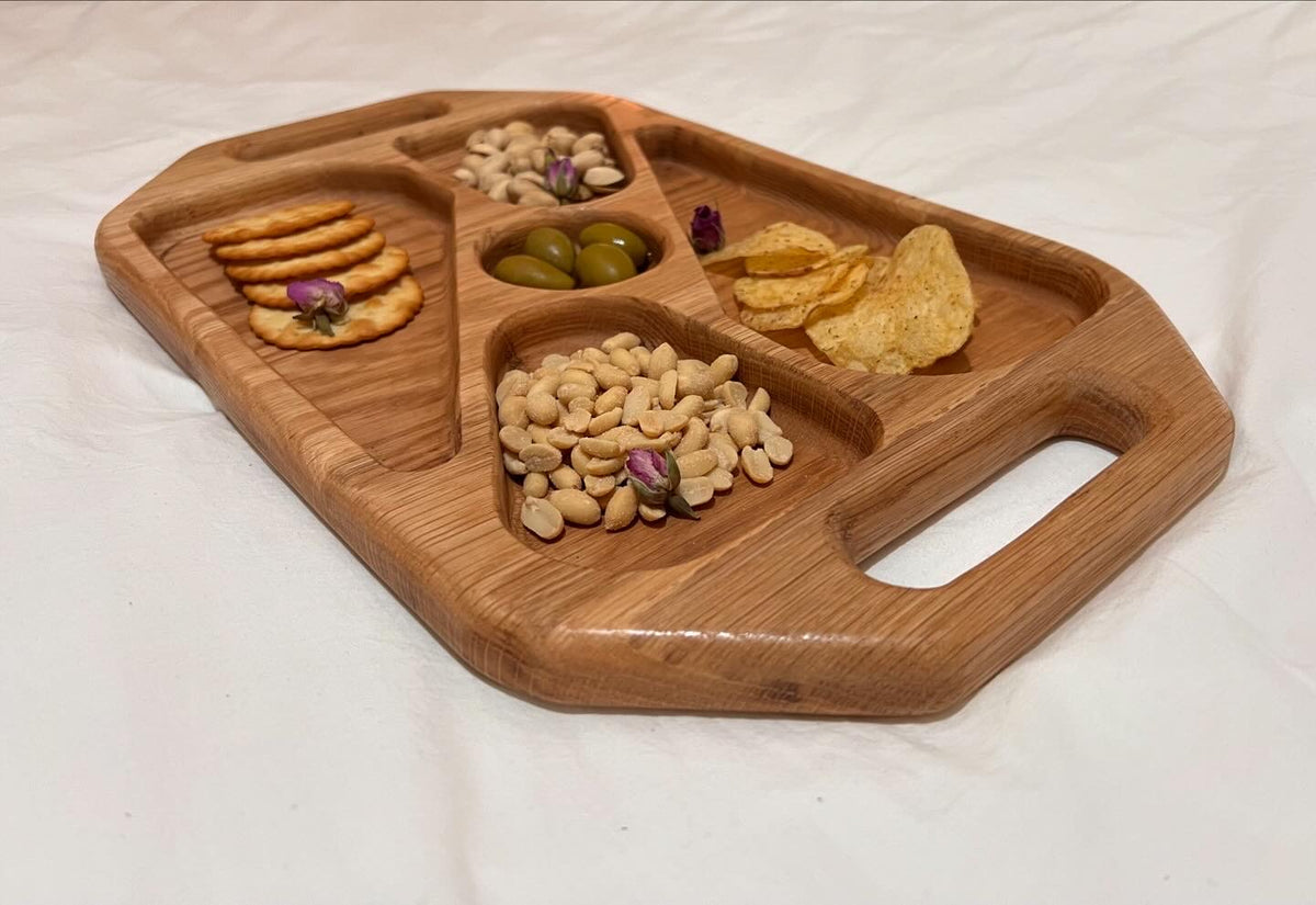 Hand-made Oak wood serving snack tray with dividers and handles