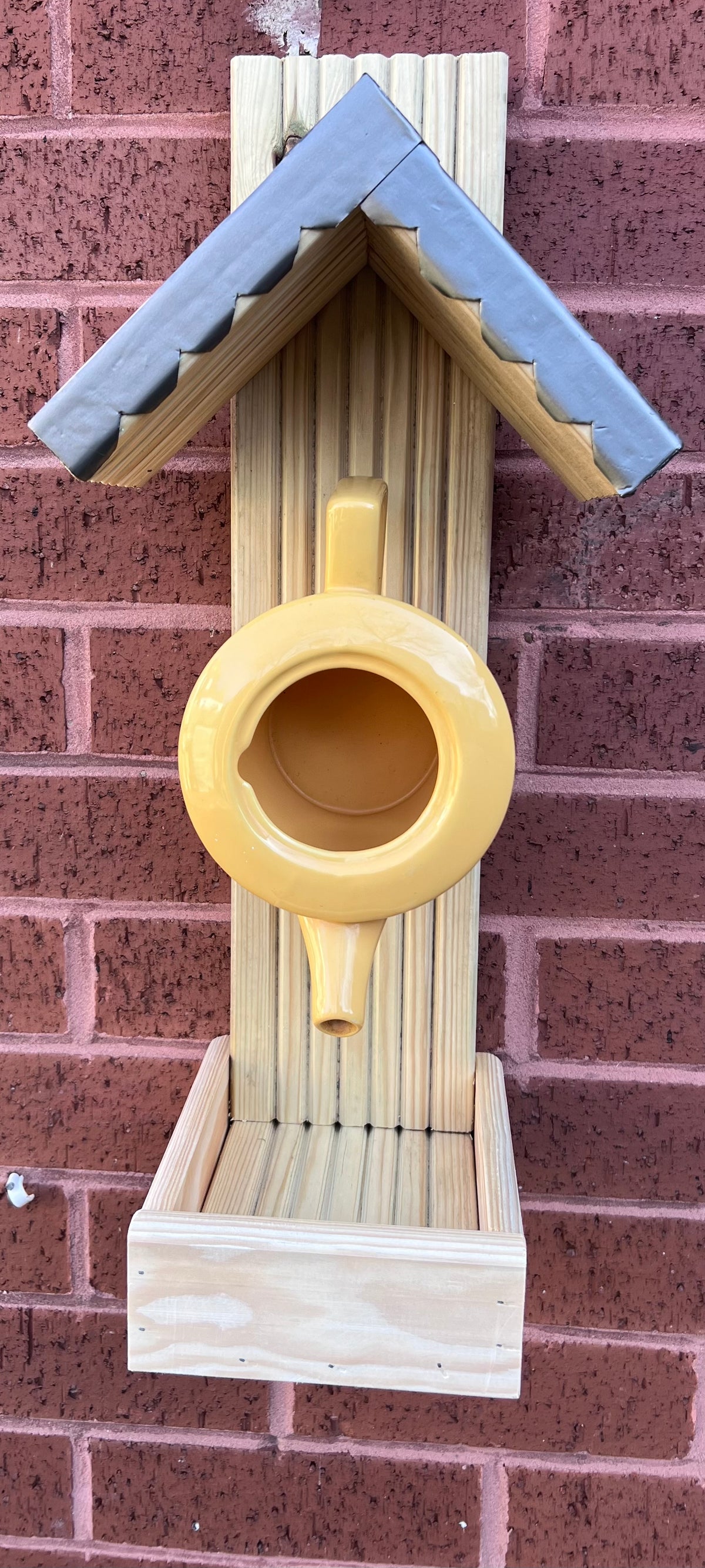 Handmade Teapot Bird Feeder, Rustic Wooden Garden Wall Art, Outdoor Decor