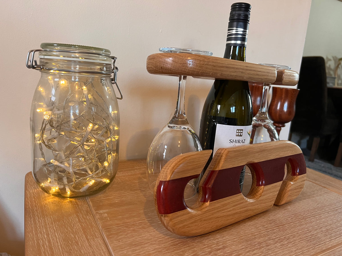 Handcrafted Oak Wine and Glass Holder with Resin Accents