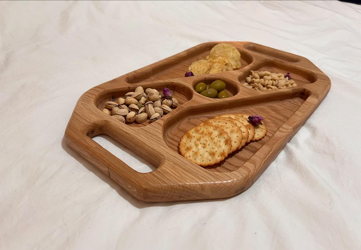 Hand-made Oak wood serving snack tray with dividers and handles