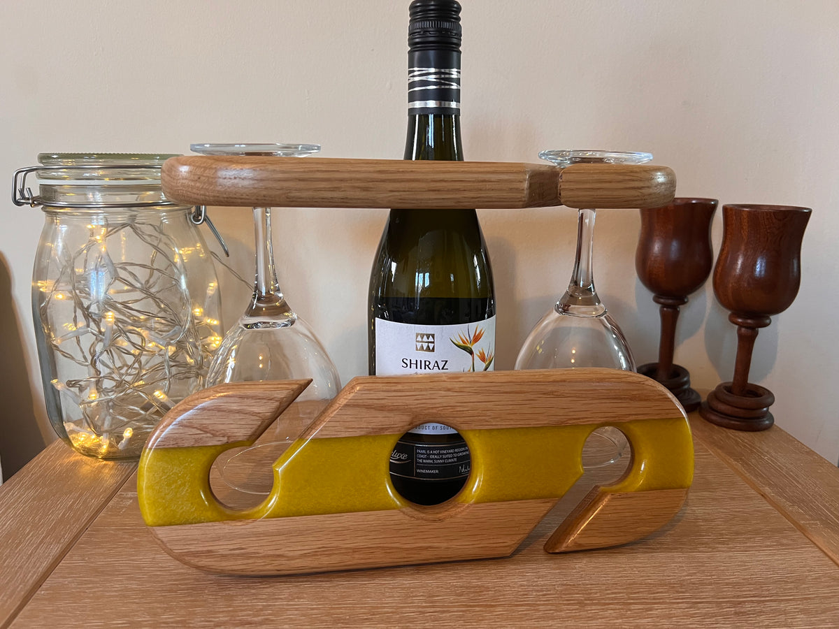 Handcrafted Oak Wine and Glass Holder with Resin Accents
