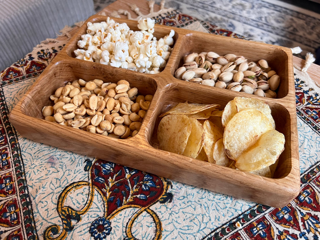 Handcrafted and Oak Snack Serving trays with 2,3 or 4 Dividers