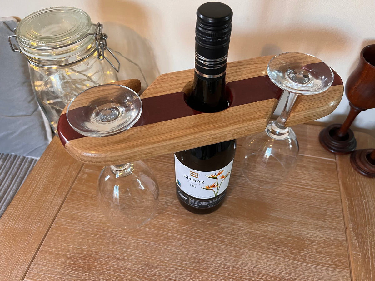 Handcrafted Oak Wine and Glass Holder with Resin Accents