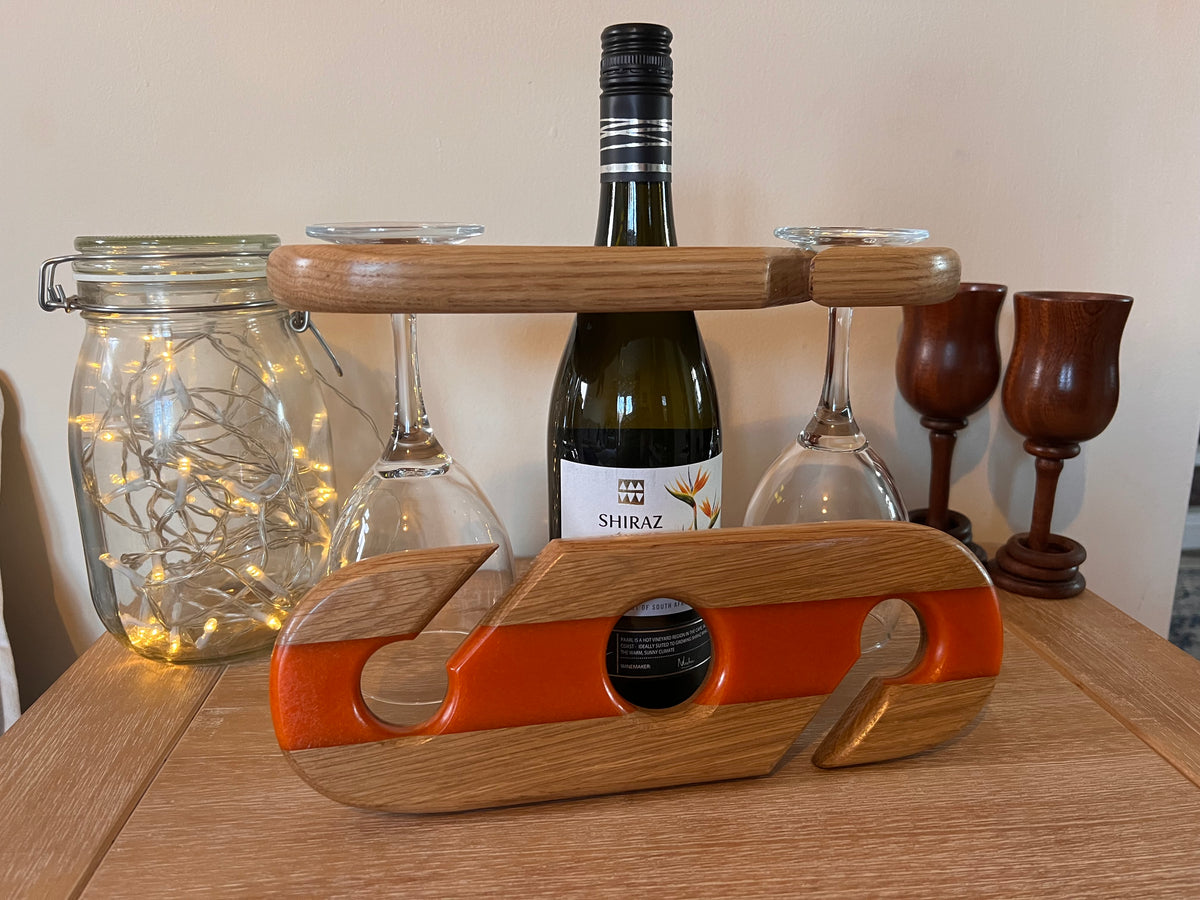 Handcrafted Oak Wine and Glass Holder with Resin Accents