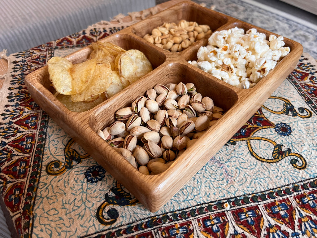 Handcrafted and Oak Snack Serving trays with 2,3 or 4 Dividers
