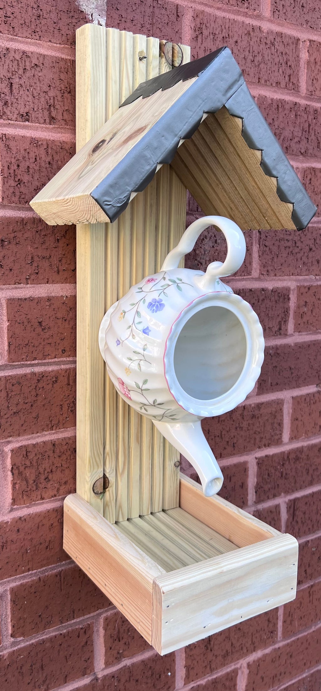Handmade Teapot Bird Feeder, Rustic Wooden Garden Wall Art, Outdoor Decor