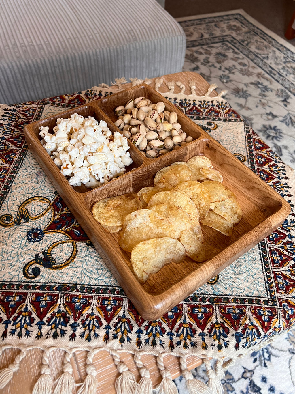 Handcrafted and Oak Snack Serving trays with 2,3 or 4 Dividers