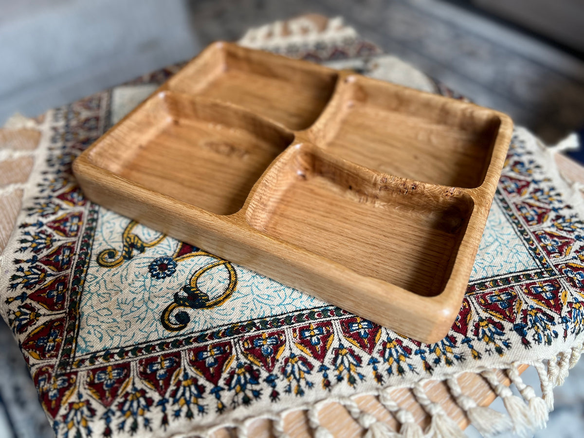 Handcrafted and Oak Snack Serving trays with 2,3 or 4 Dividers