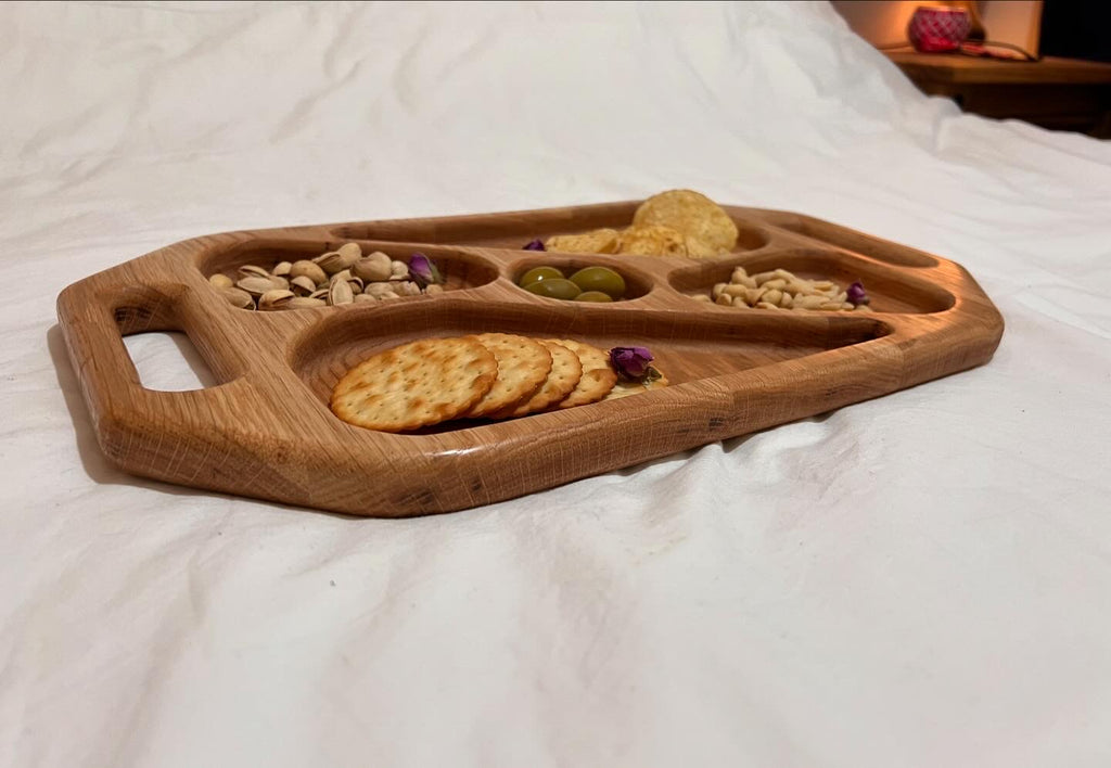Hand-made Oak wood serving snack tray with dividers and handles