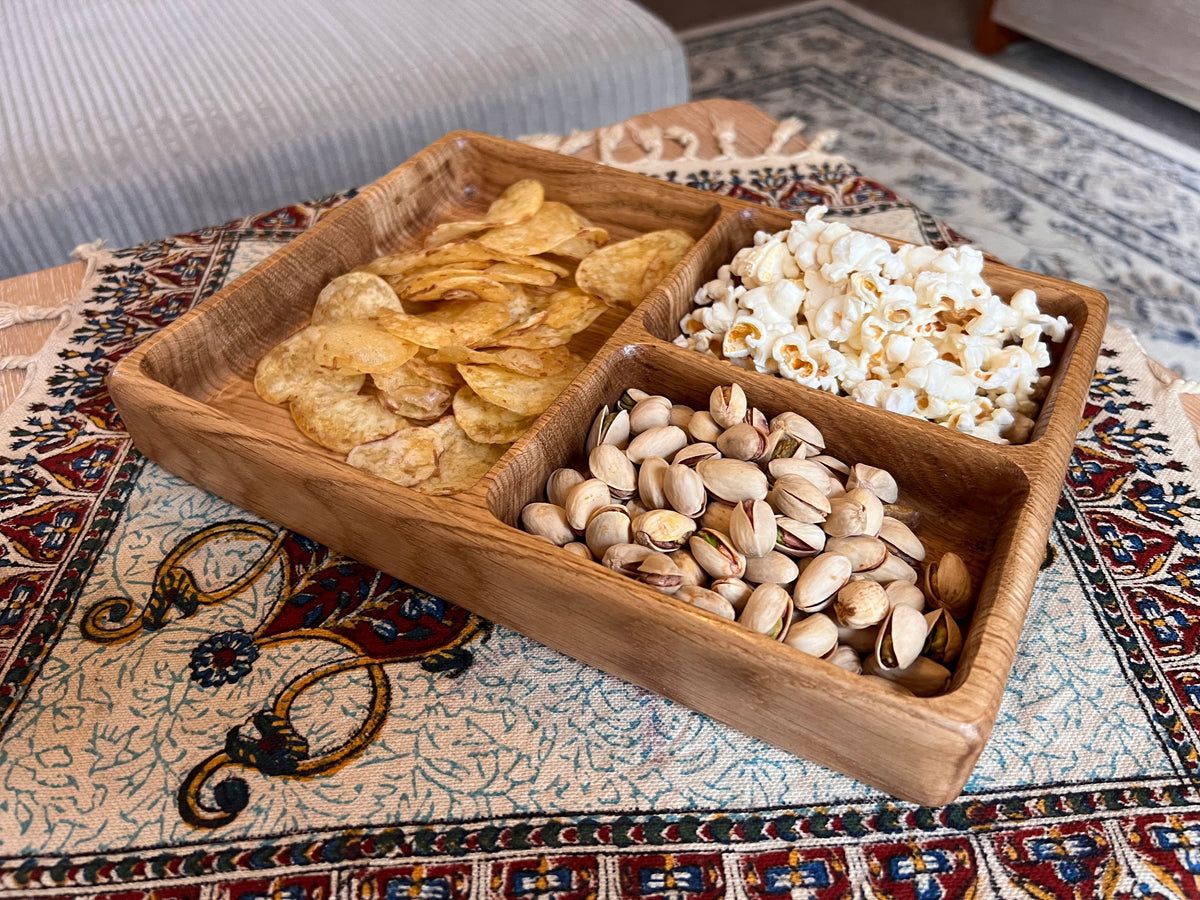 Handcrafted and Oak Snack Serving trays with 2,3 or 4 Dividers