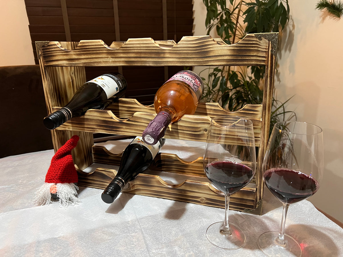 Handmade 12-Bottle Wooden Wine Rack – Rustic Burnt Finish