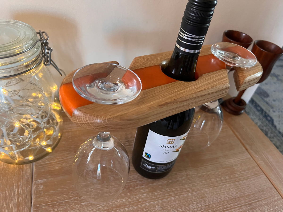 Handcrafted Oak Wine and Glass Holder with Resin Accents