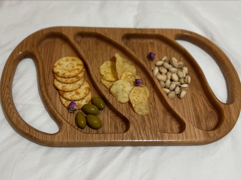 Hand-made Oak wood serving snack tray with dividers and handles