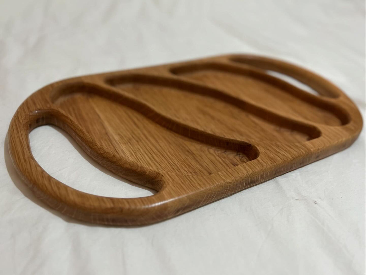 Hand-made Oak wood serving snack tray with dividers and handles