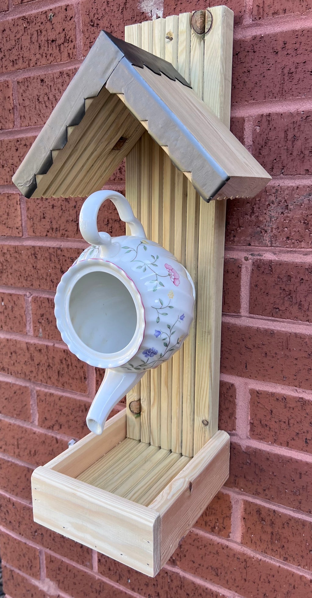 Handmade Teapot Bird Feeder, Rustic Wooden Garden Wall Art, Outdoor Decor
