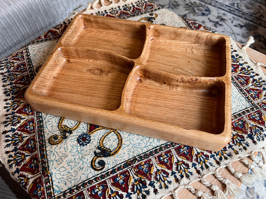 Handcrafted and Oak Snack Serving trays with 2,3 or 4 Dividers