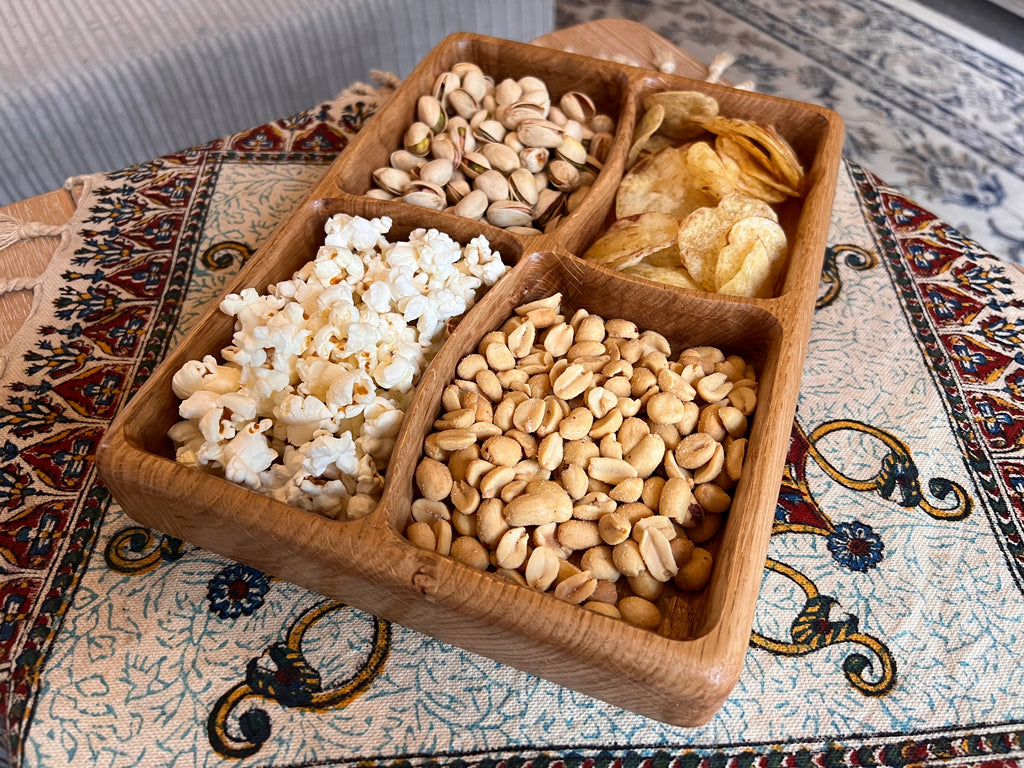 Handcrafted and Oak Snack Serving trays with 2,3 or 4 Dividers