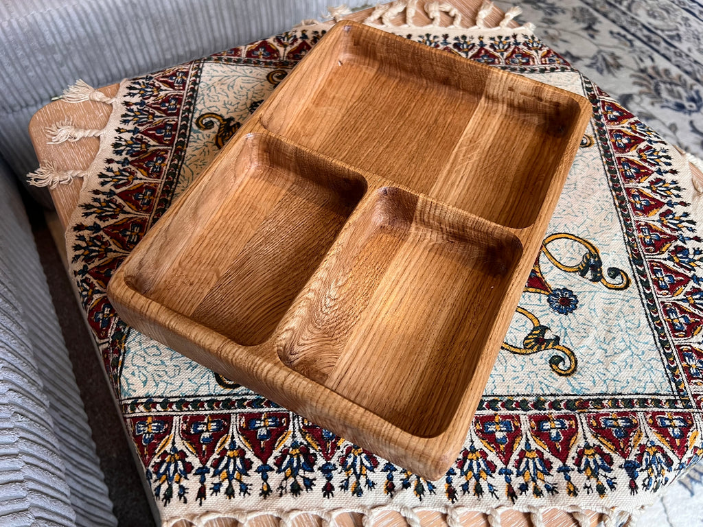 Handcrafted and Oak Snack Serving trays with 2,3 or 4 Dividers