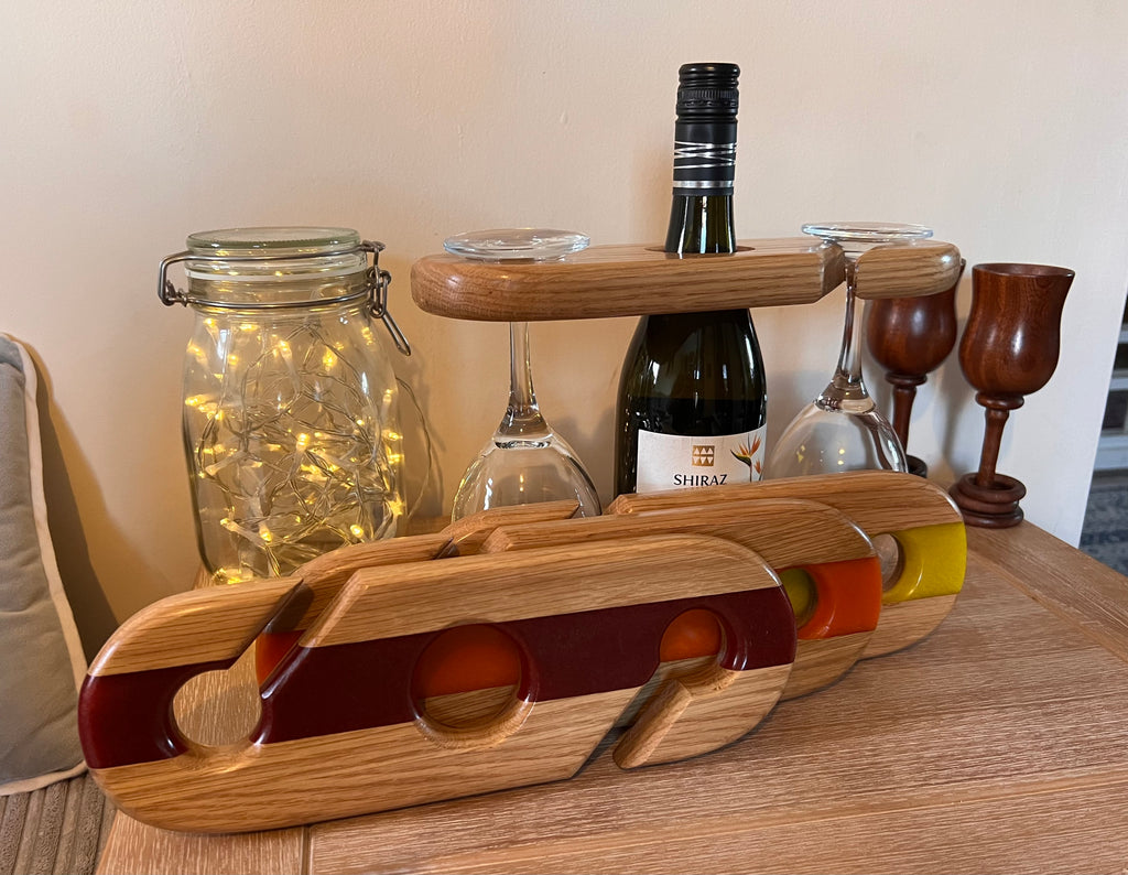 Handcrafted Oak Wine and Glass Holder with Resin Accents