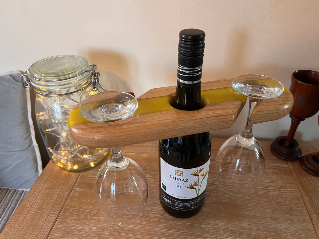 Handcrafted Oak Wine and Glass Holder with Resin Accents