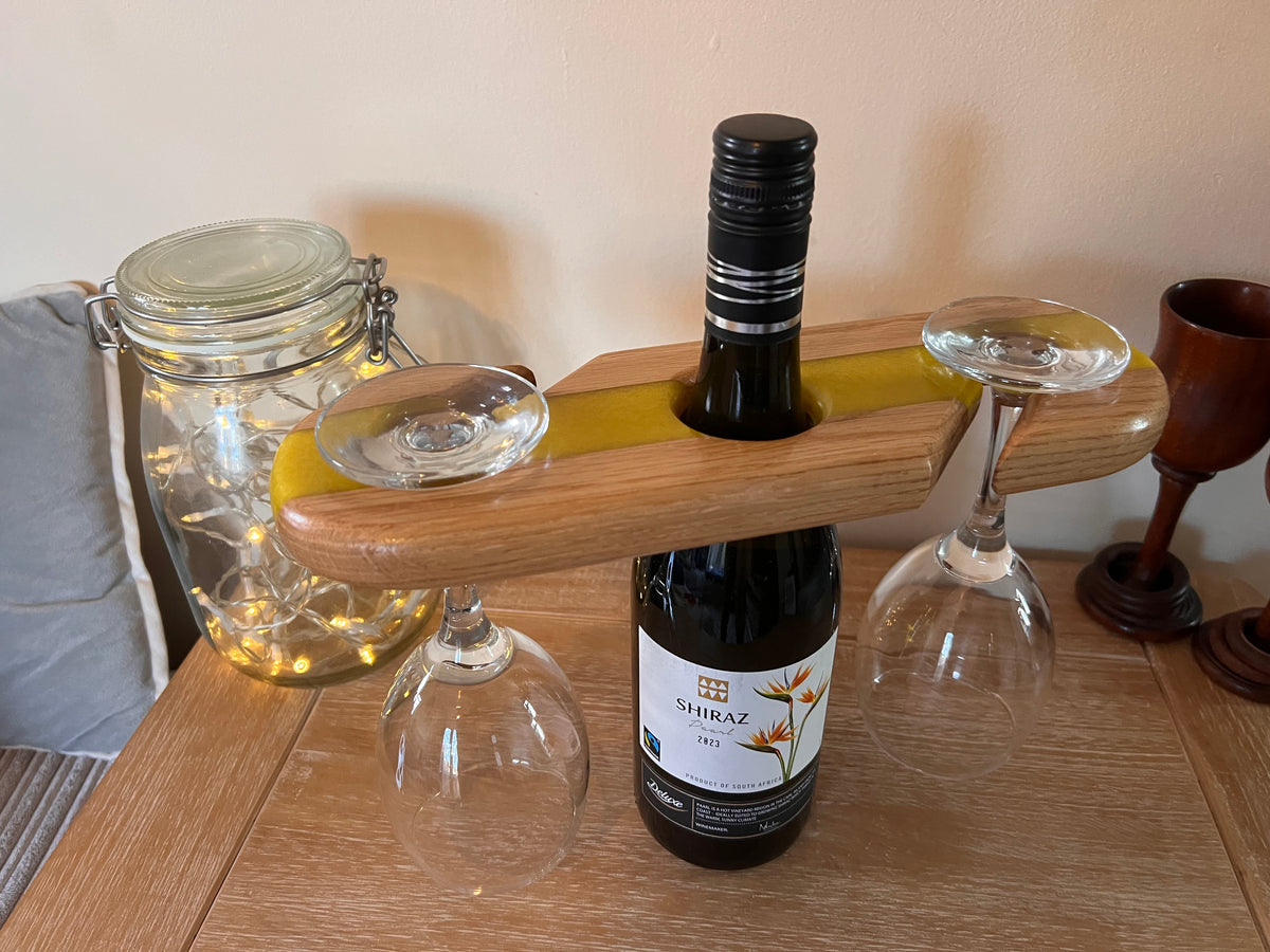 Handcrafted Oak Wine and Glass Holder with Resin Accents