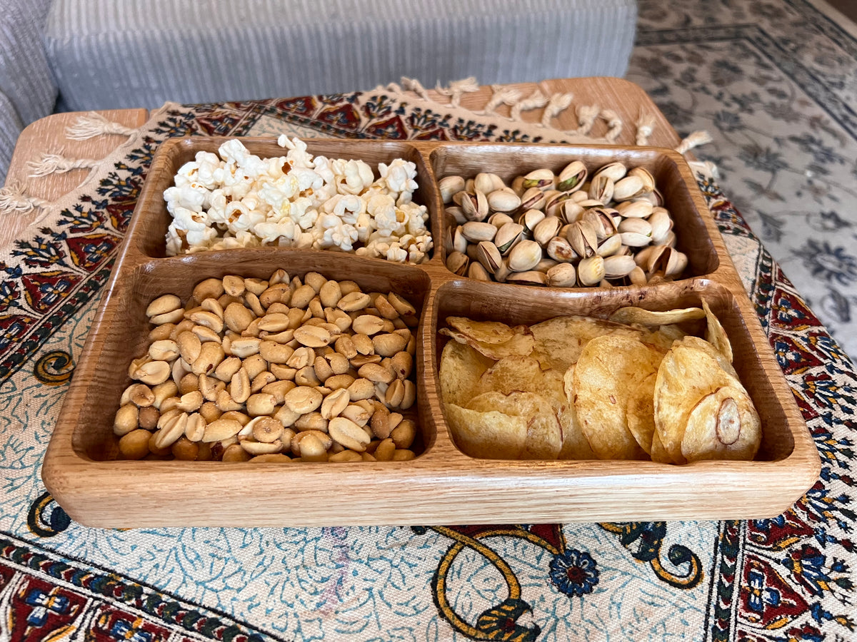 Handcrafted and Oak Snack Serving trays with 2,3 or 4 Dividers