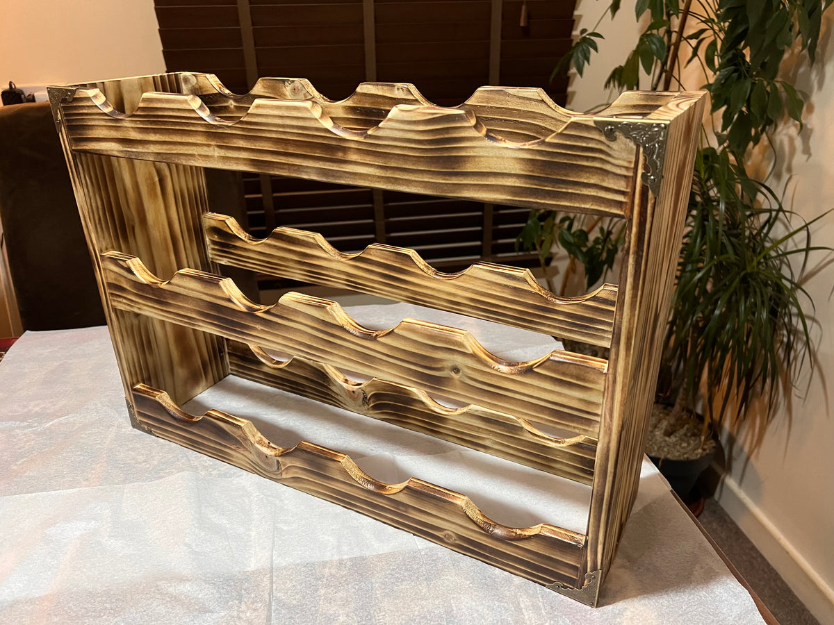 Handmade 12-Bottle Wooden Wine Rack – Rustic Burnt Finish