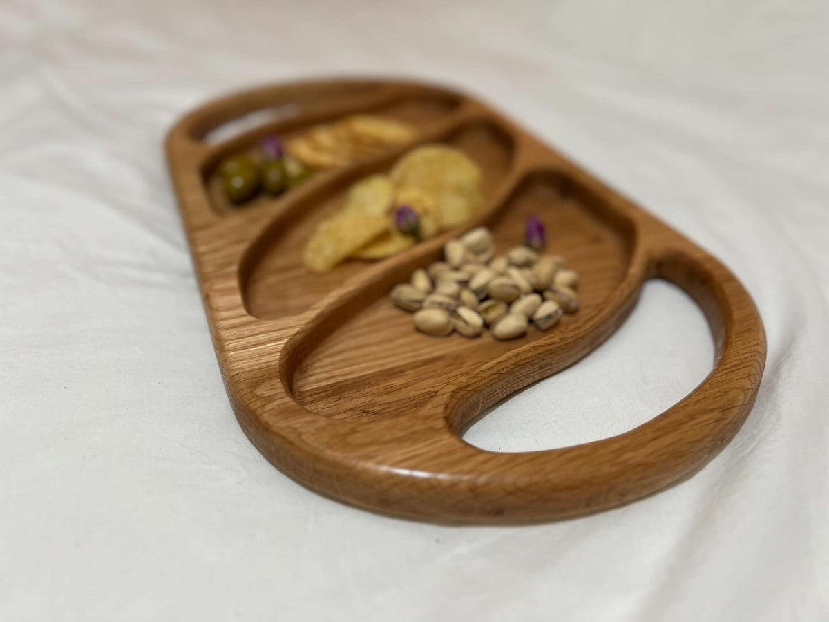 Hand-made Oak wood serving snack tray with dividers and handles