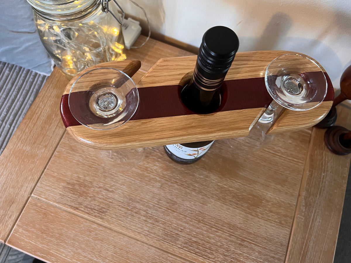 Handcrafted Oak Wine and Glass Holder with Resin Accents