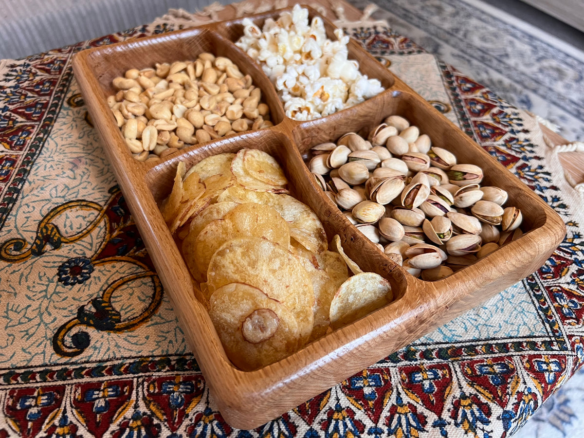 Handcrafted and Oak Snack Serving trays with 2,3 or 4 Dividers
