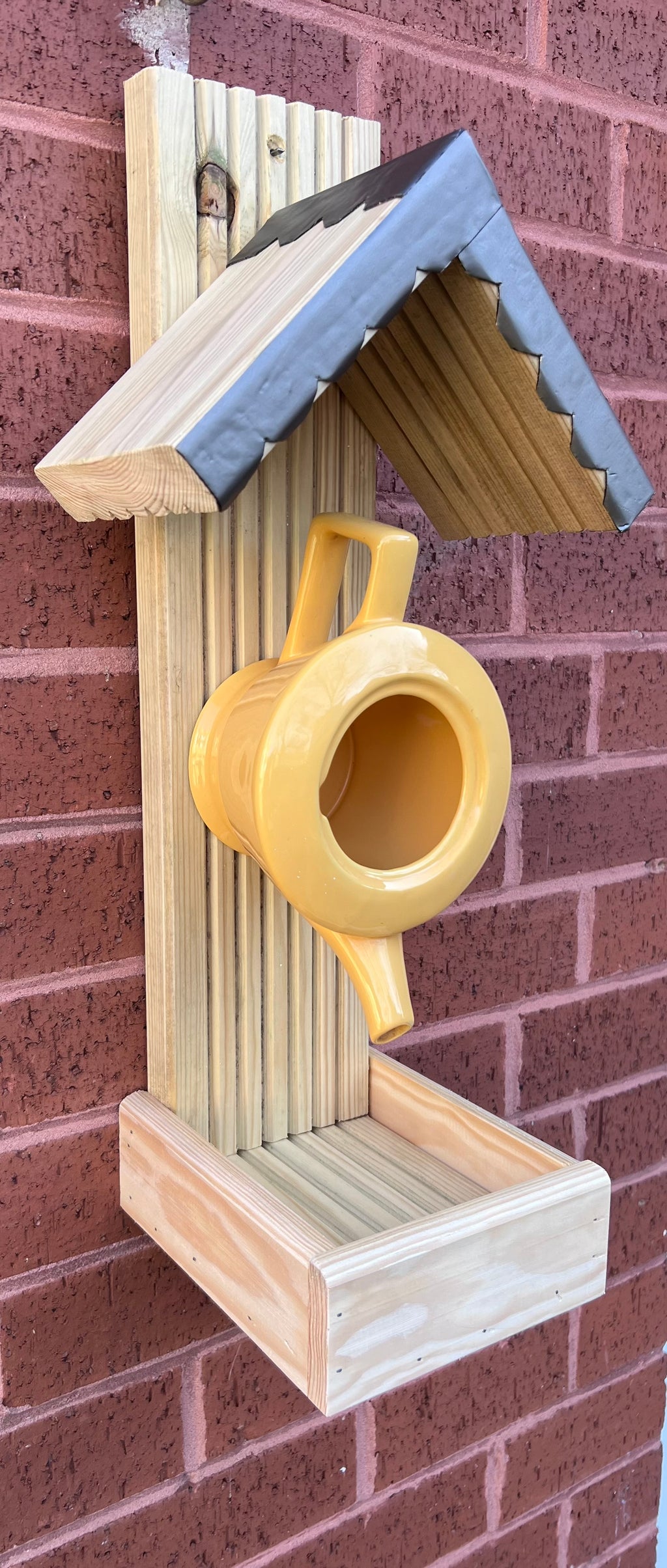 Handmade Teapot Bird Feeder, Rustic Wooden Garden Wall Art, Outdoor Decor