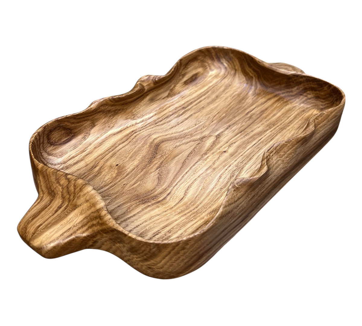 Handmade Solid Oak Serving Tray – Rustic Wooden Tray with sculpted curves and handles – Artisan Home Decor.
