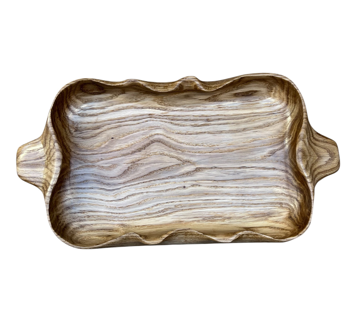 Handmade Solid Oak Serving Tray – Rustic Wooden Tray with sculpted curves and handles – Artisan Home Decor.