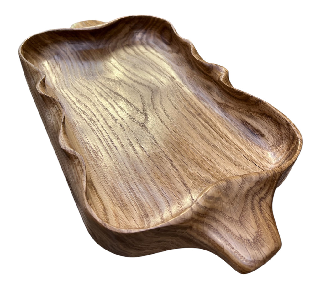 Handmade Solid Oak Serving Tray – Rustic Wooden Tray with sculpted curves and handles – Artisan Home Decor.
