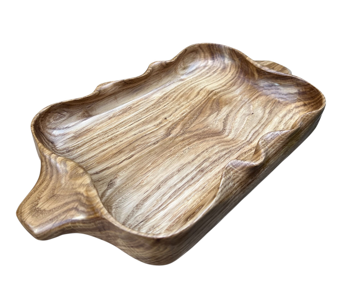 Handmade Solid Oak Serving Tray – Rustic Wooden Tray with sculpted curves and handles – Artisan Home Decor.
