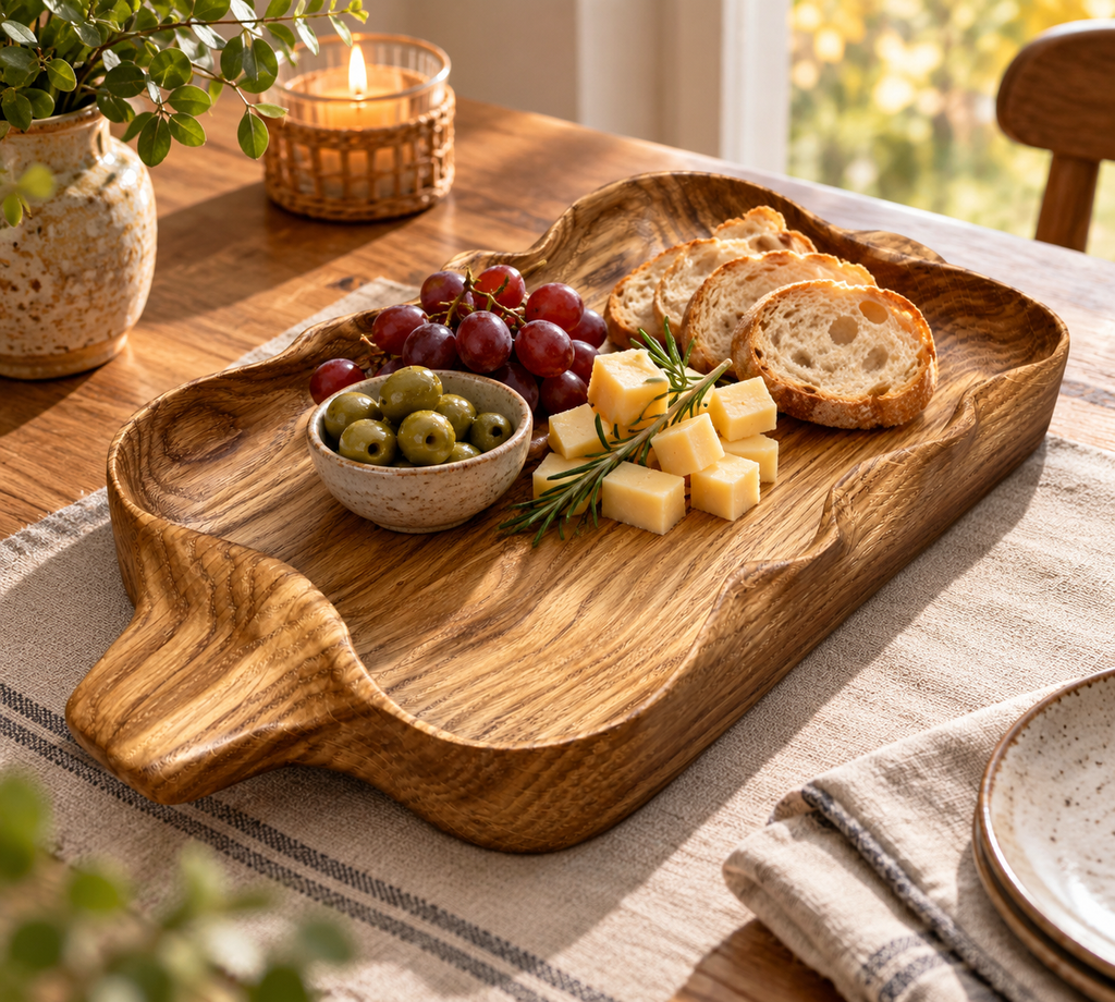 Handmade Solid Oak Serving Tray – Rustic Wooden Tray with sculpted curves and handles – Artisan Home Decor.