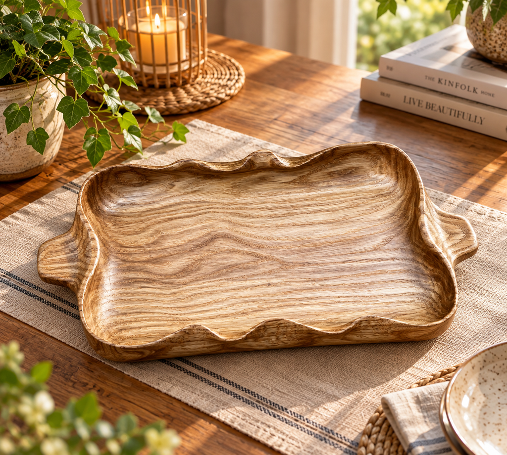 Handmade Solid Oak Serving Tray – Rustic Wooden Tray with sculpted curves and handles – Artisan Home Decor.
