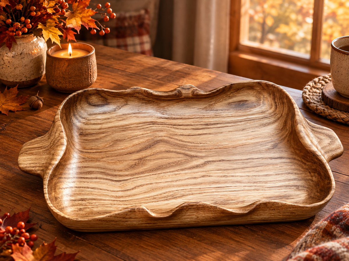 Handmade Solid Oak Serving Tray – Rustic Wooden Tray with sculpted curves and handles – Artisan Home Decor.